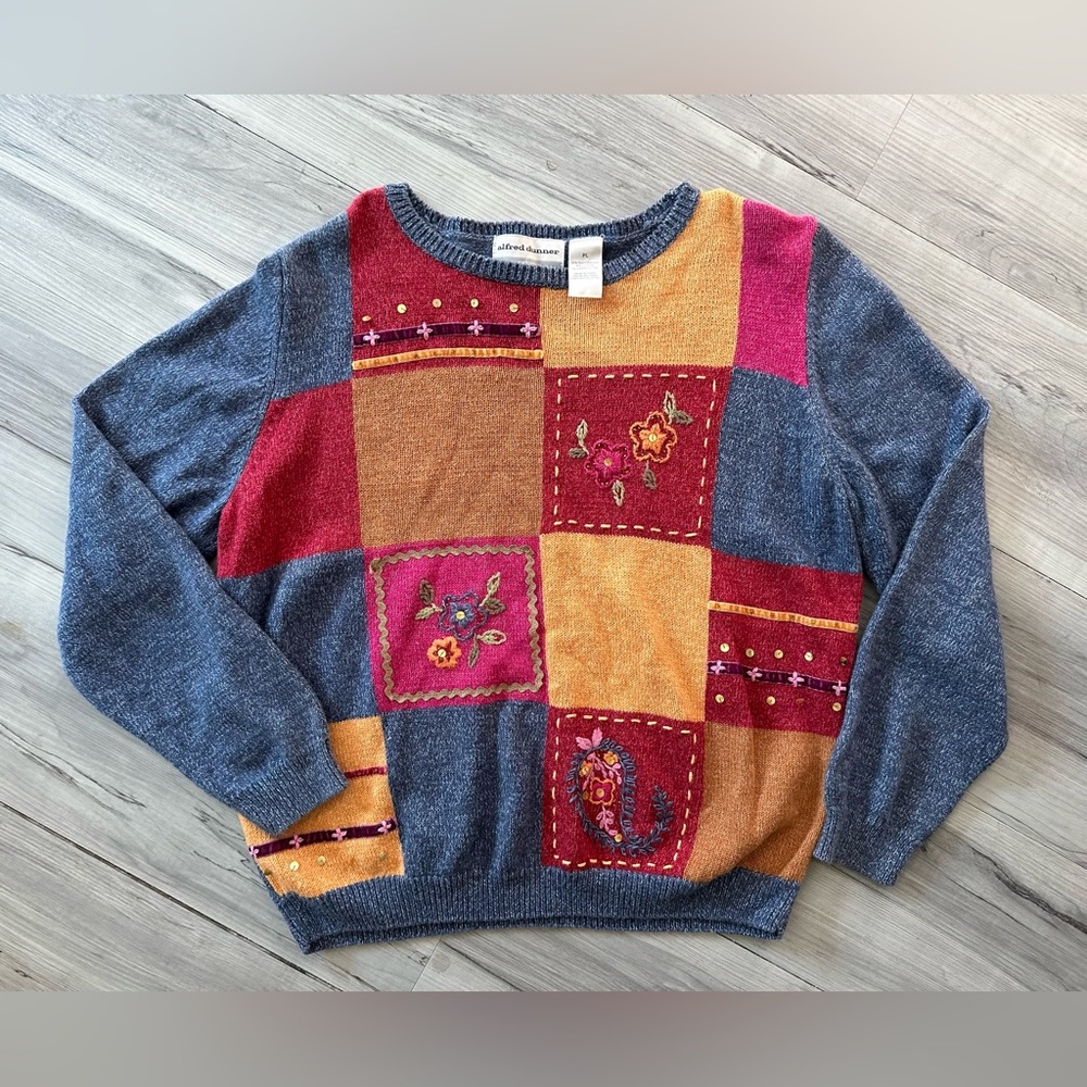 Vintage Patchwork Sweater Large Petite Color Bloc… - image 1